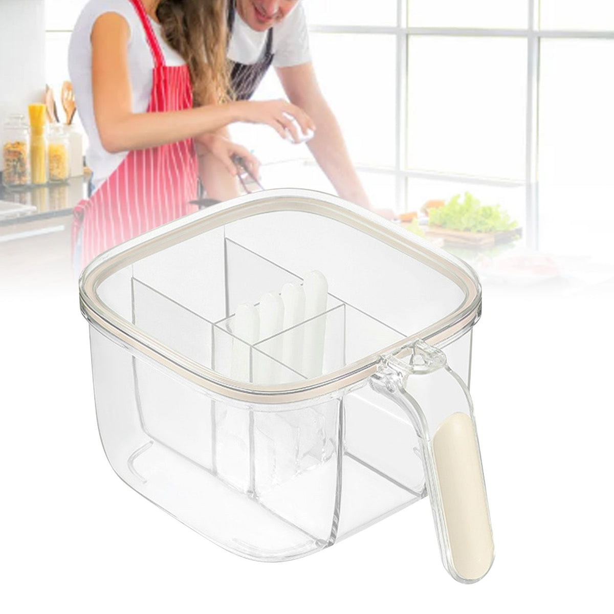 Seasoning Box 4 Compartments Transparent Window Strong PET Seasoning Jar with 4 Spoons for Home Kitchen Cooking Milk Yellow