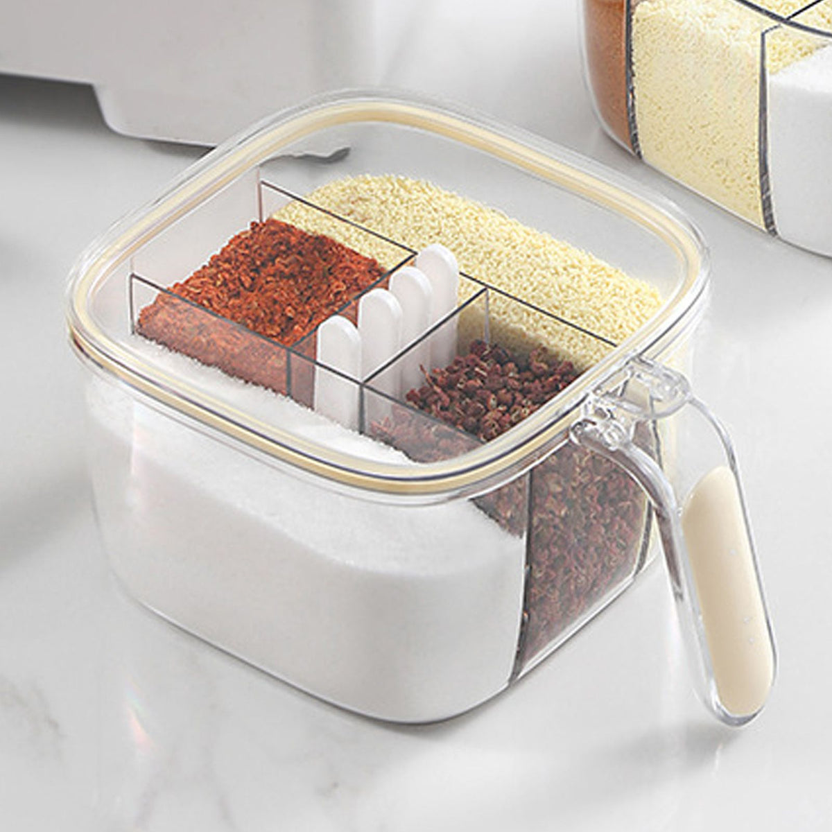 Seasoning Box 4 Compartments Transparent Window Strong PET Seasoning Jar with 4 Spoons for Home Kitchen Cooking Milk Yellow