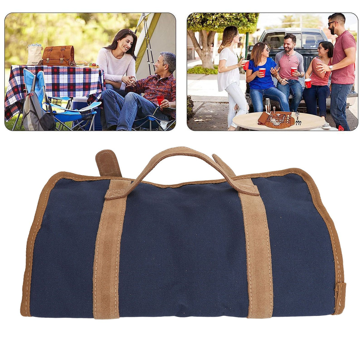 Bartender Tool Bag Bar Kit Bag Waterproof Canvas Multiple Compartments Portable Bartender Roll Up Bag with Shoulder Strap Blue