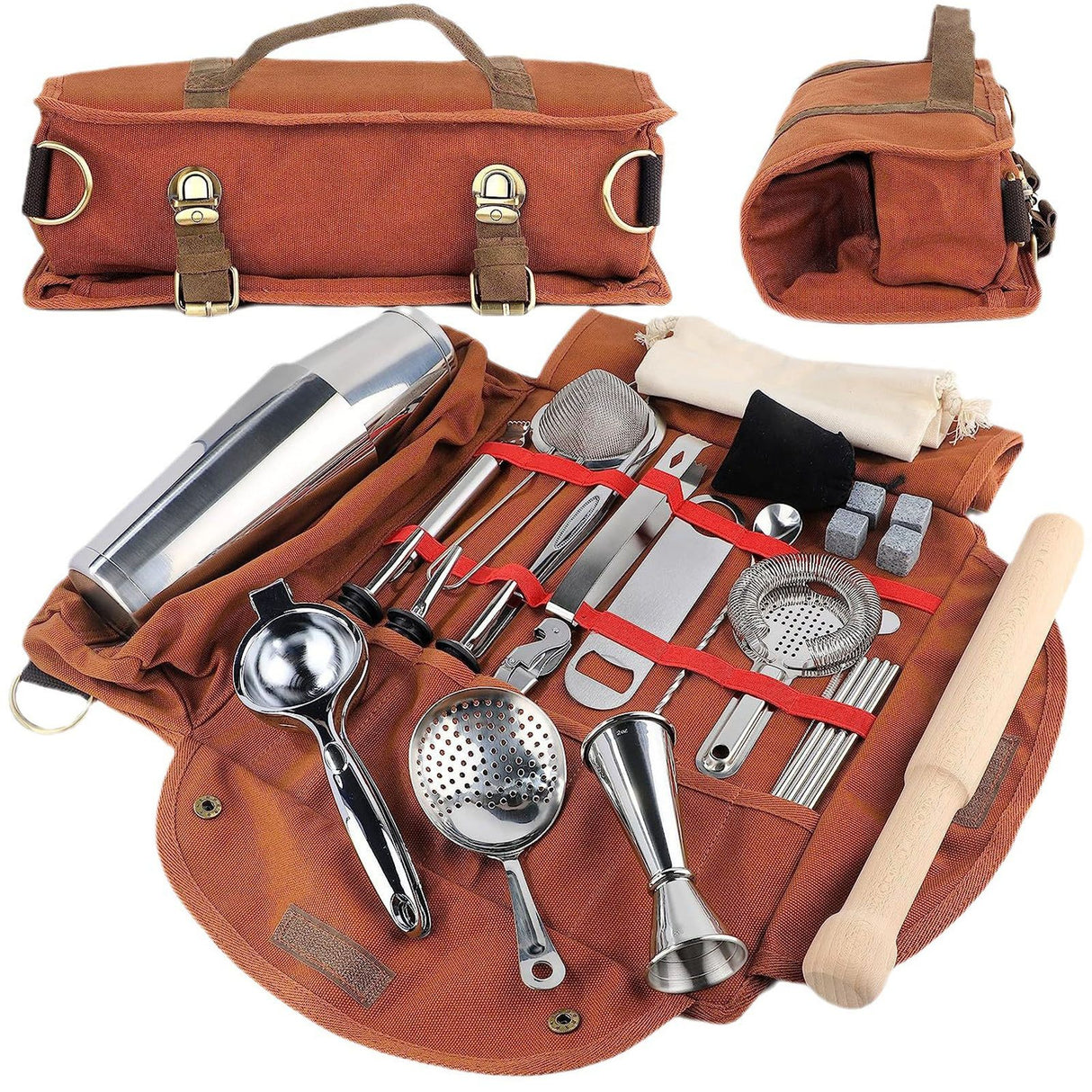Bartender Tool Bag Bar Kit Bag Waterproof Canvas Multiple Compartments Portable Bartender Roll Up Bag with Shoulder Strap Coffee