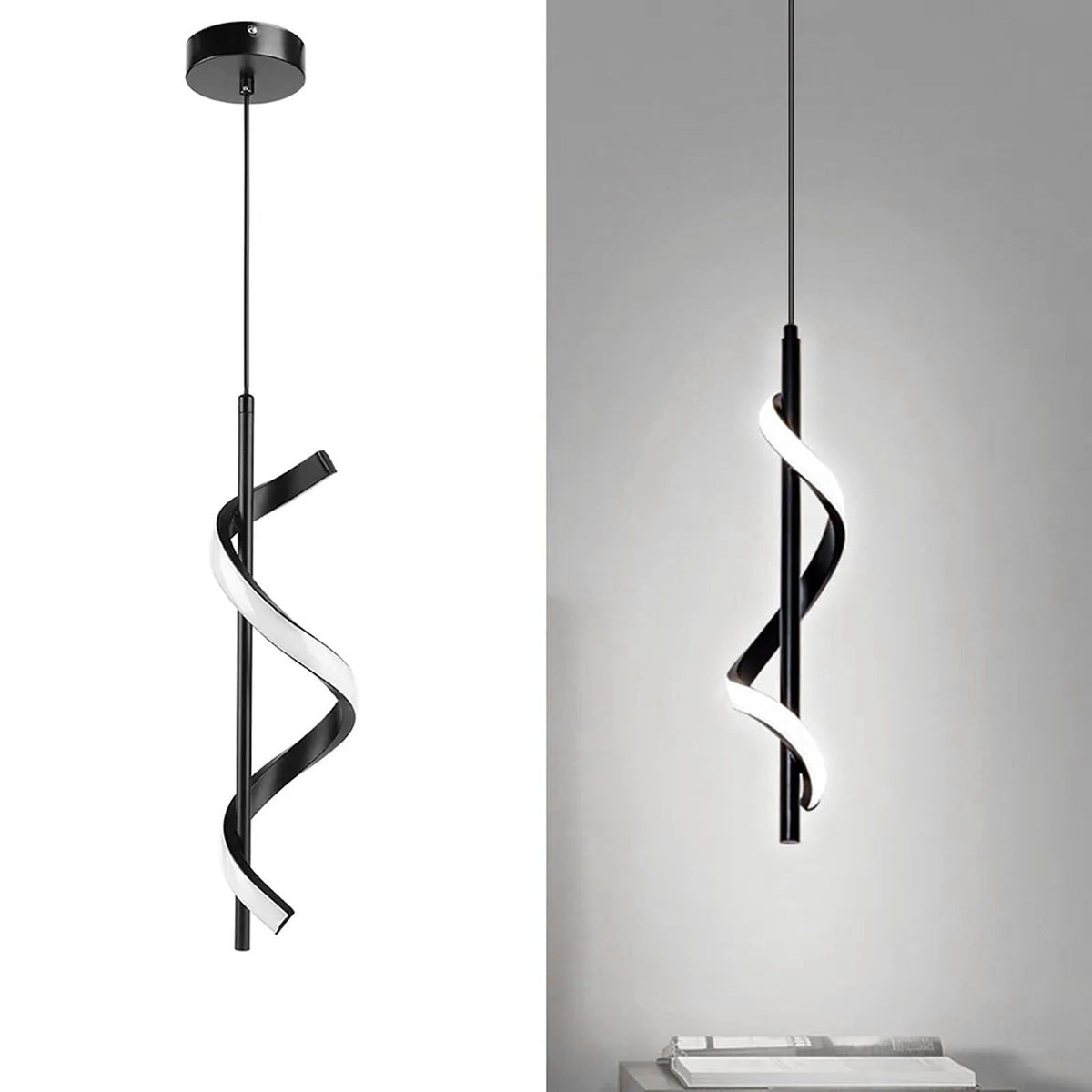 Spiral LED Pendant Light Black Glareless Bright Eyes Protection LED Hanging Lamp for Living Room Cafe Family 85‑265V White Light