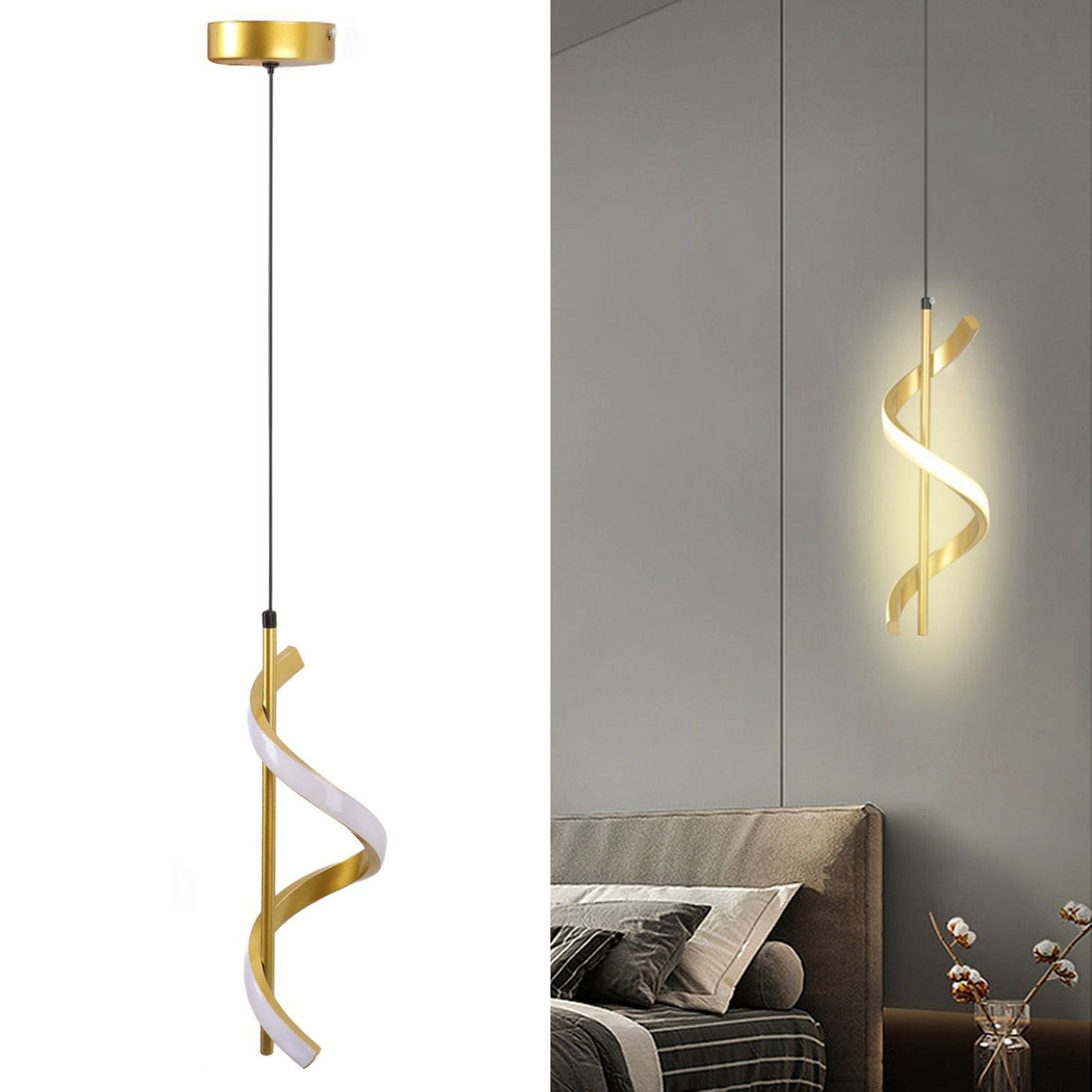 Spiral LED Pendant Light Gold Color High Brightness Eyes Protection LED Hanging Lamp for Living Room Cafe Family 85‑265V Warm Light