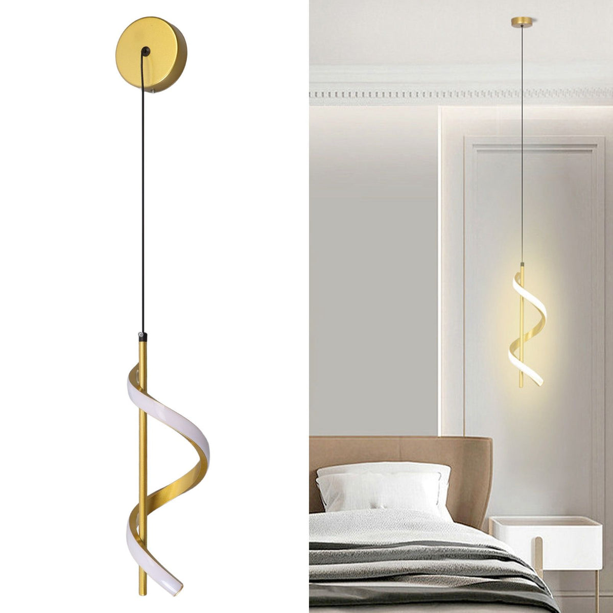 Spiral LED Pendant Light Gold Color High Brightness Eyes Protection LED Hanging Lamp for Living Room Cafe Family 85‑265V Warm Light