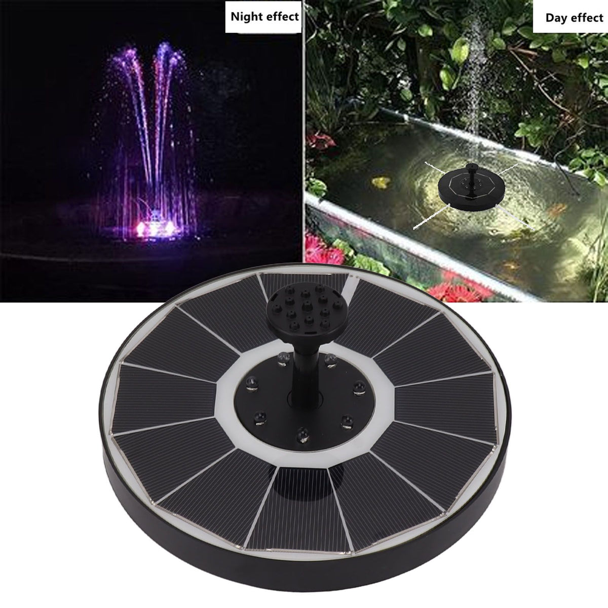 Solar Fountain Light with 8 Nozzles 3.5W 900mAh Colorful Powerful Solar Bird Bath Fountains for Bird Bath Garden Black Nozzle