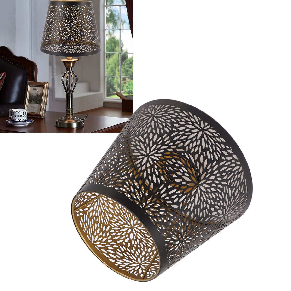 Metal Lamp Shade E26 E27 Forest Tree Style Hollow Out Iron Decorative Lampshade Cover with Inner Gold Pattern for Table Wall Ceiling Lamp Black