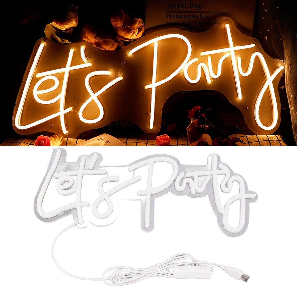 Party Neon Sign USB Powered Highly Transparent Acrylic Backsheet LED Neon Light Wall Sign for Bedroom Decoration Warm White