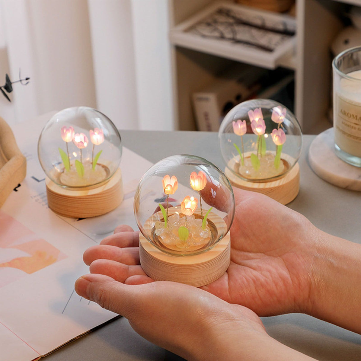 Flower Night Light Tulip Night Lamp Home Decoration Night Light Bedside Light for Office Bedroom Pink