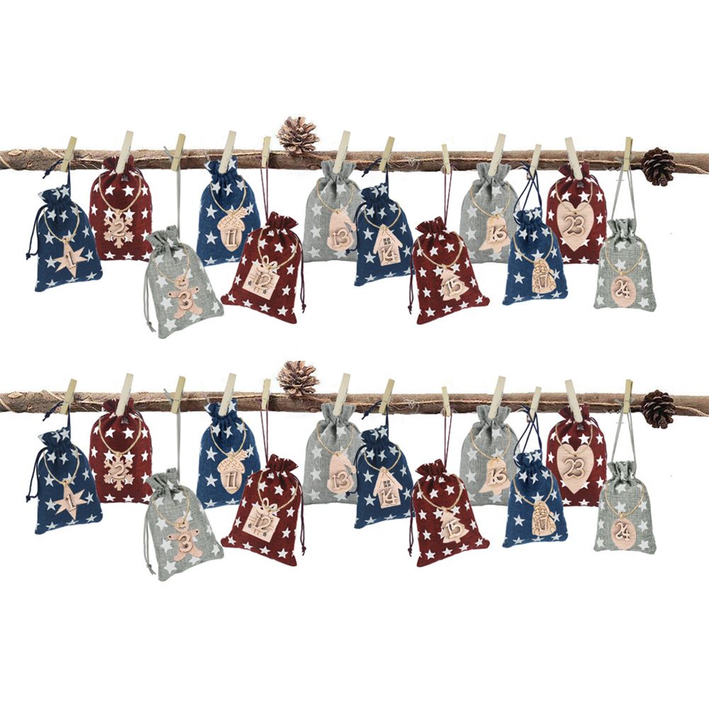 Advent Calendar Gift Bags DIY Countdown Calendar Christmas Bags with Drawstring 24 Days Hanging Gift Bags for Christmas Decorations Wood Board