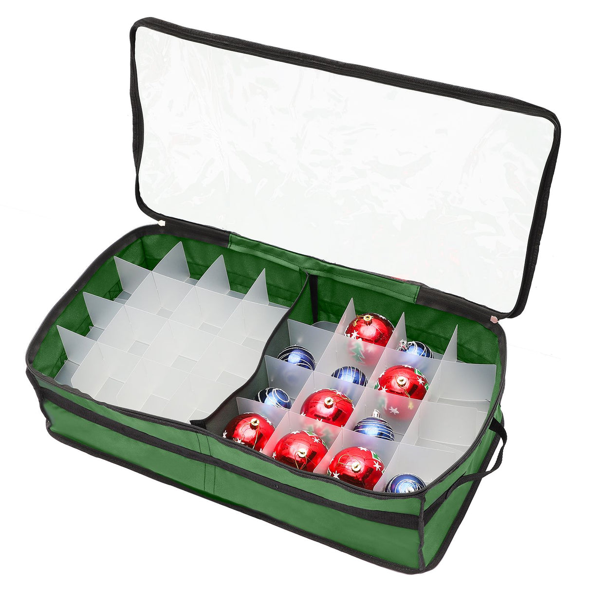 Christmas Ornament Storage Box Under Bed 64 Cell partition 600D Oxford PVC transparent window Black 61x30.5x15cm