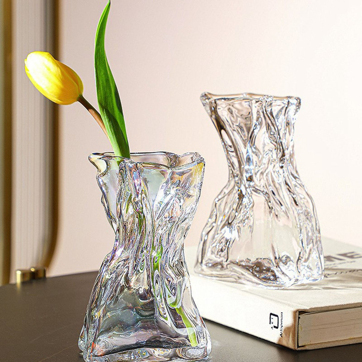 Pleated Glass Vase Light Luxury Hydroponic Vase Living Room Dining Table Dried Flower Vase Flower Arrangement Ornaments