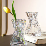 Pleated Glass Vase Light Luxury Hydroponic Vase Living Room Dining Table Dried Flower Vase Flower Arrangement Ornaments