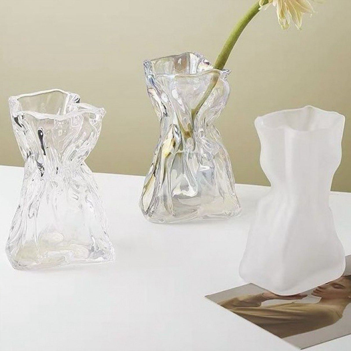 Pleated Glass Vase Light Luxury Hydroponic Vase Living Room Dining Table Dried Flower Vase Flower Arrangement Ornaments