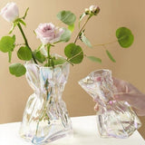 Pleated Glass Vase Light Luxury Hydroponic Vase Living Room Dining Table Dried Flower Vase Flower Arrangement Ornaments
