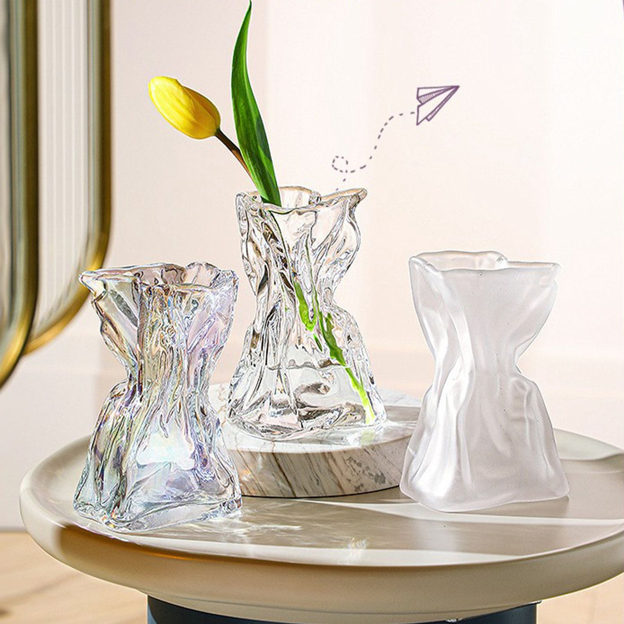 Pleated Glass Vase Light Luxury Hydroponic Vase Living Room Dining Table Dried Flower Vase Flower Arrangement Ornaments