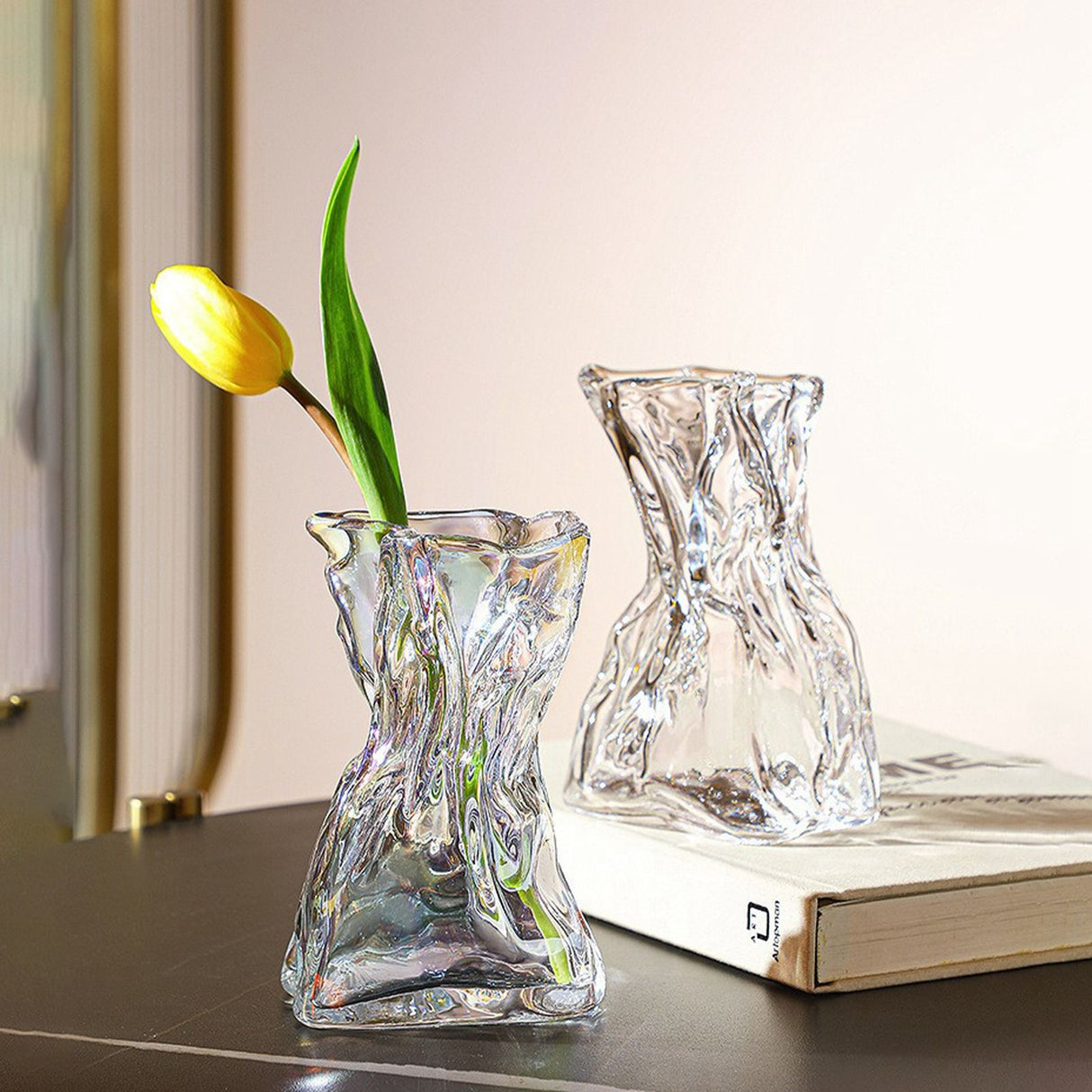 Pleated Glass Vase Light Luxury Hydroponic Vase Living Room Dining Table Dried Flower Vase Flower Arrangement Ornaments