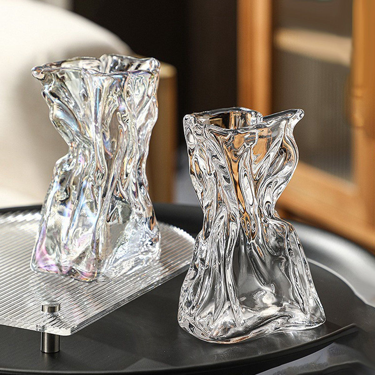 Pleated Glass Vase Light Luxury Hydroponic Vase Living Room Dining Table Dried Flower Vase Flower Arrangement Ornaments