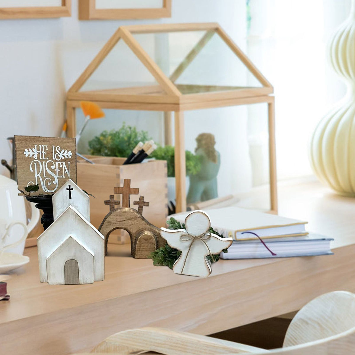 Easter Wooden Angel House Laminated Tray Decoration