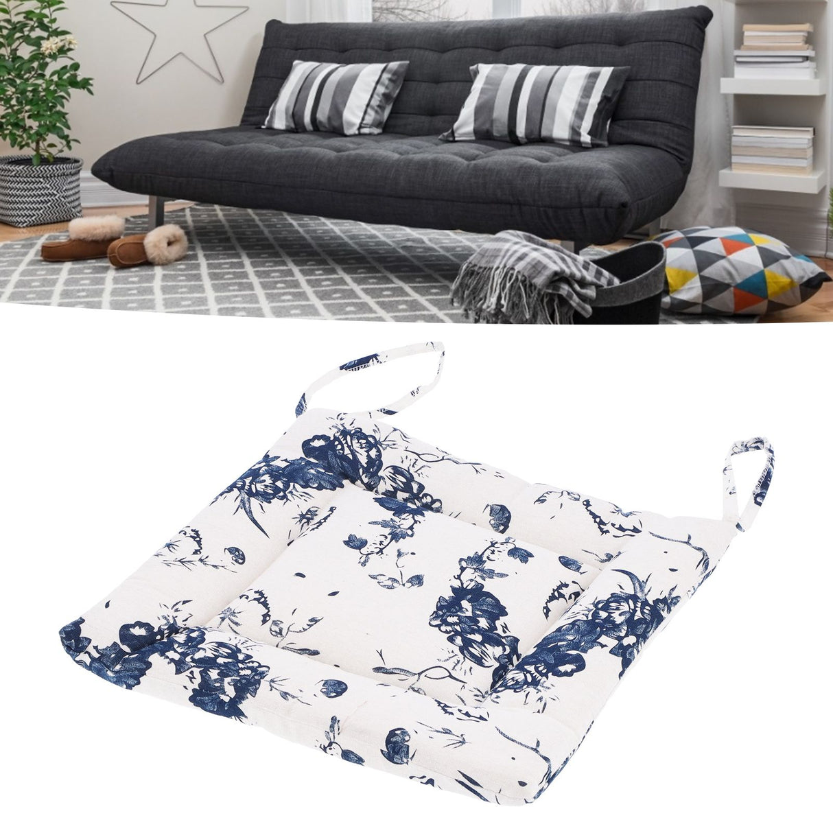 Chair Cushion Simple Pure Cotton Linen Thick NonSlip Soft Seat Cushion for Floor(White Ink )