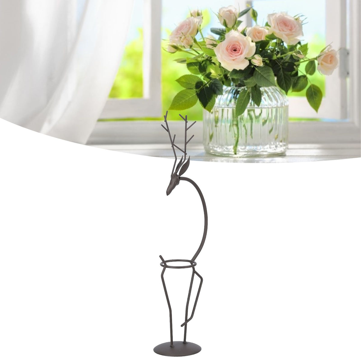Deer Shape Wrought Iron Plant Stand Transparent Glass Hydroponic Plant Vase for Living RoomType A