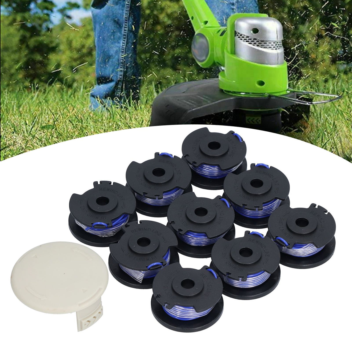 9Pcs Trimmer Spool Line with Cap Replacement Parts Fit for Ryobi 18/24/40V Lawn Mower