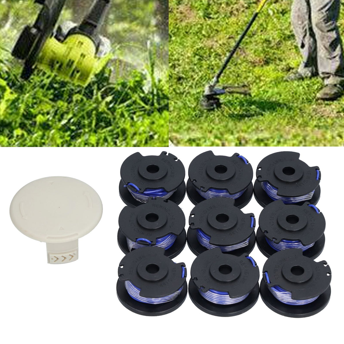 9Pcs Trimmer Spool Line with Cap Replacement Parts Fit for Ryobi 18/24/40V Lawn Mower
