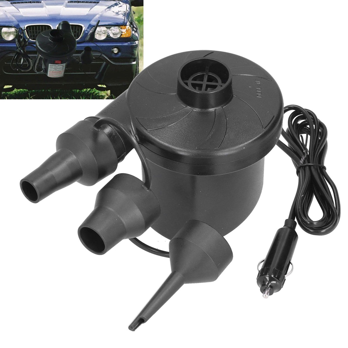 12V Air Pump ABS Electric Inflation Pump with 3 Nozzles Powerful Portable for Inflatable Toy Boat