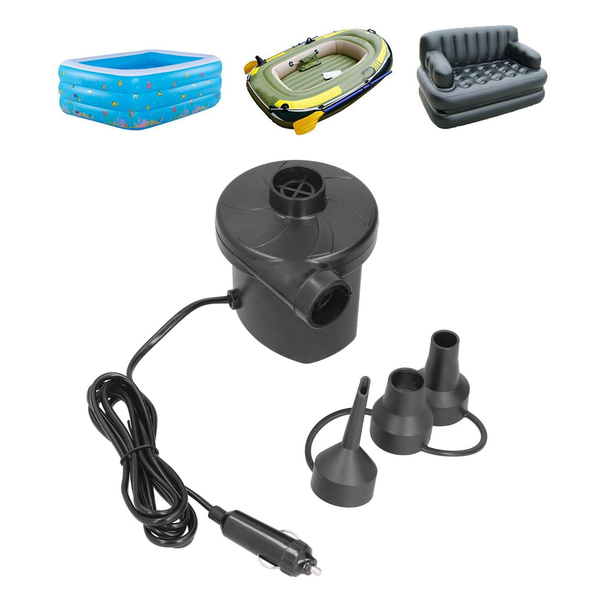12V Air Pump ABS Electric Inflation Pump with 3 Nozzles Powerful Portable for Inflatable Toy Boat