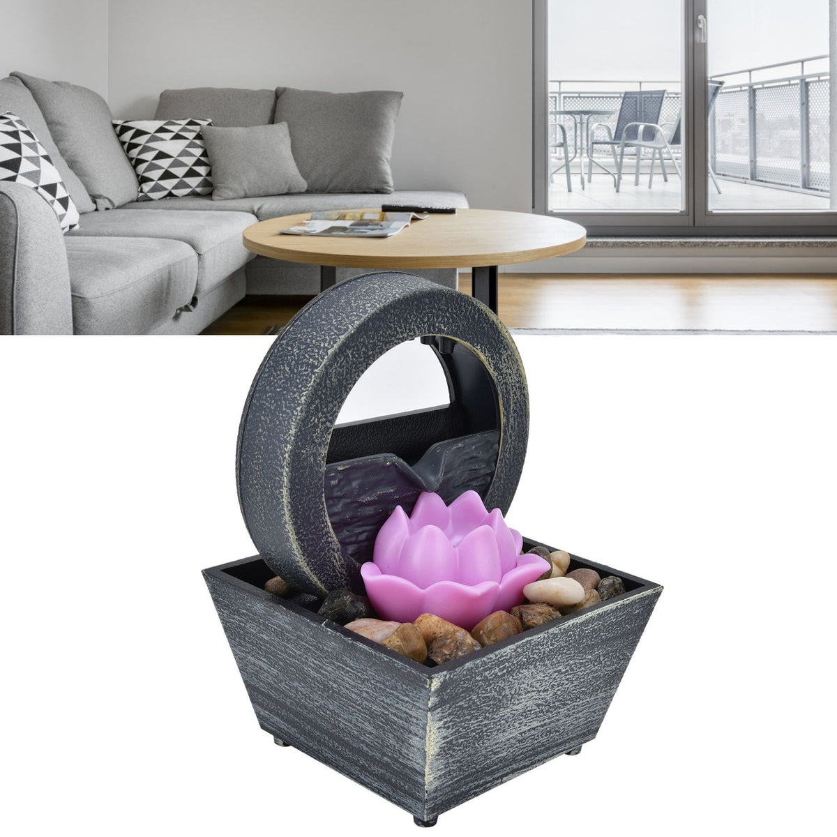 3V USB Plastic Flower Water Fountain LED Tabletop Fountain with Stones for Home Office Table Decoration