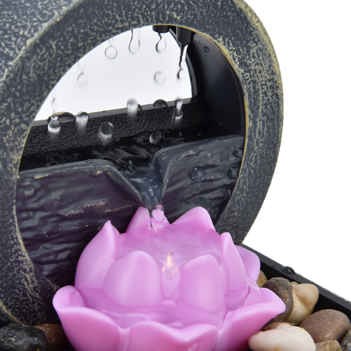 3V USB Plastic Flower Water Fountain LED Tabletop Fountain with Stones for Home Office Table Decoration