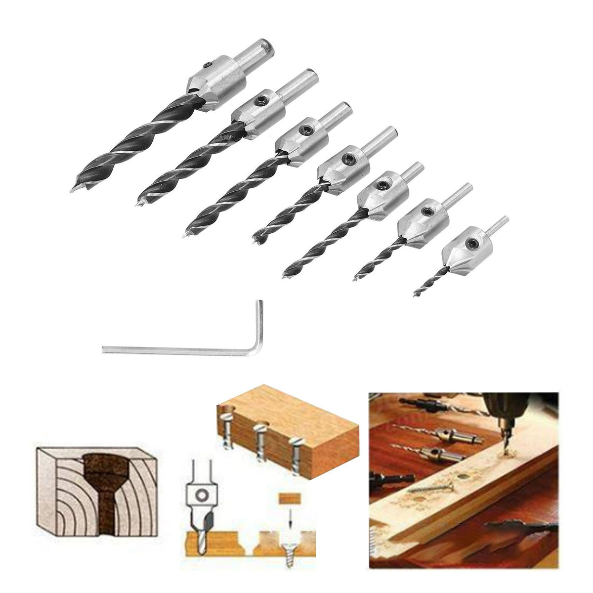 7Pcs Countersink Drill Bits Set Woodworking High Speed Steel Counter Sinker Drill Bit for Carpentry