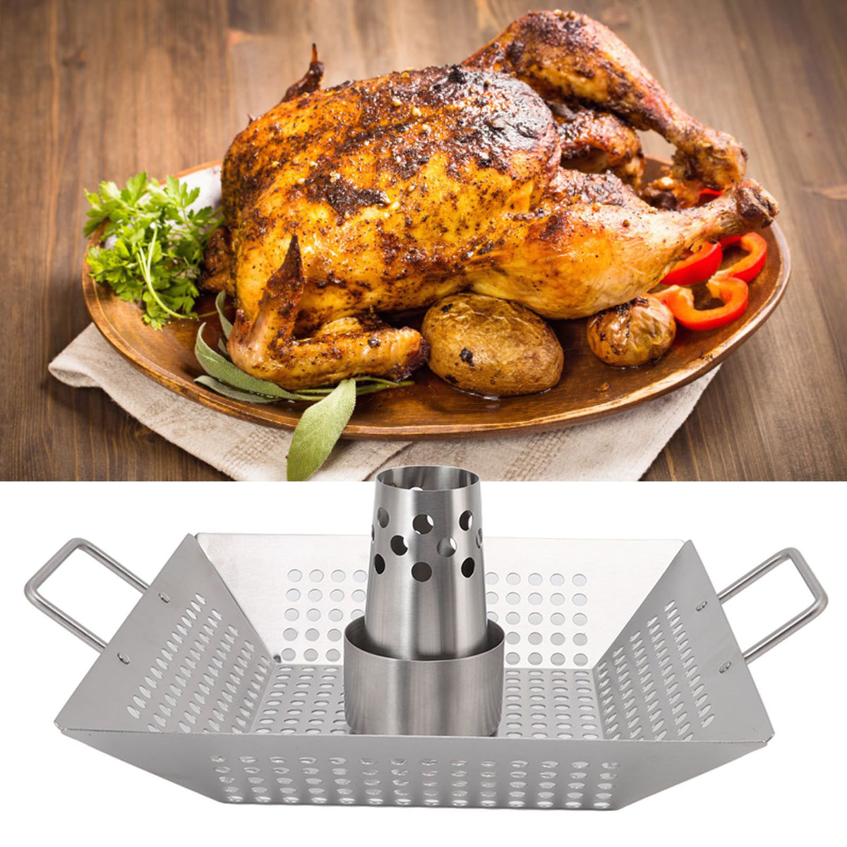 Beer Can Chicken Pan Food Grade Stainless Steel Beer Can Chicken Roaster Stand Holder with 2 Handle for Grill and Smoker