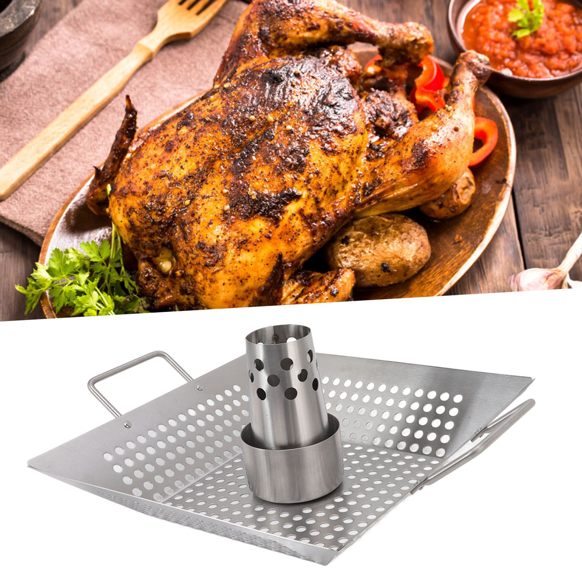 Beer Can Chicken Pan Food Grade Stainless Steel Beer Can Chicken Roaster Stand Holder with 2 Handle for Grill and Smoker