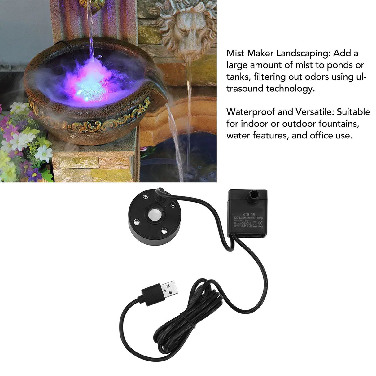 Mist Maker USB Fog Maker with Pump LED Colorful Lighting Fountain Atomizer Humidifier 5V Fog Machine for Pond Garden Office Black