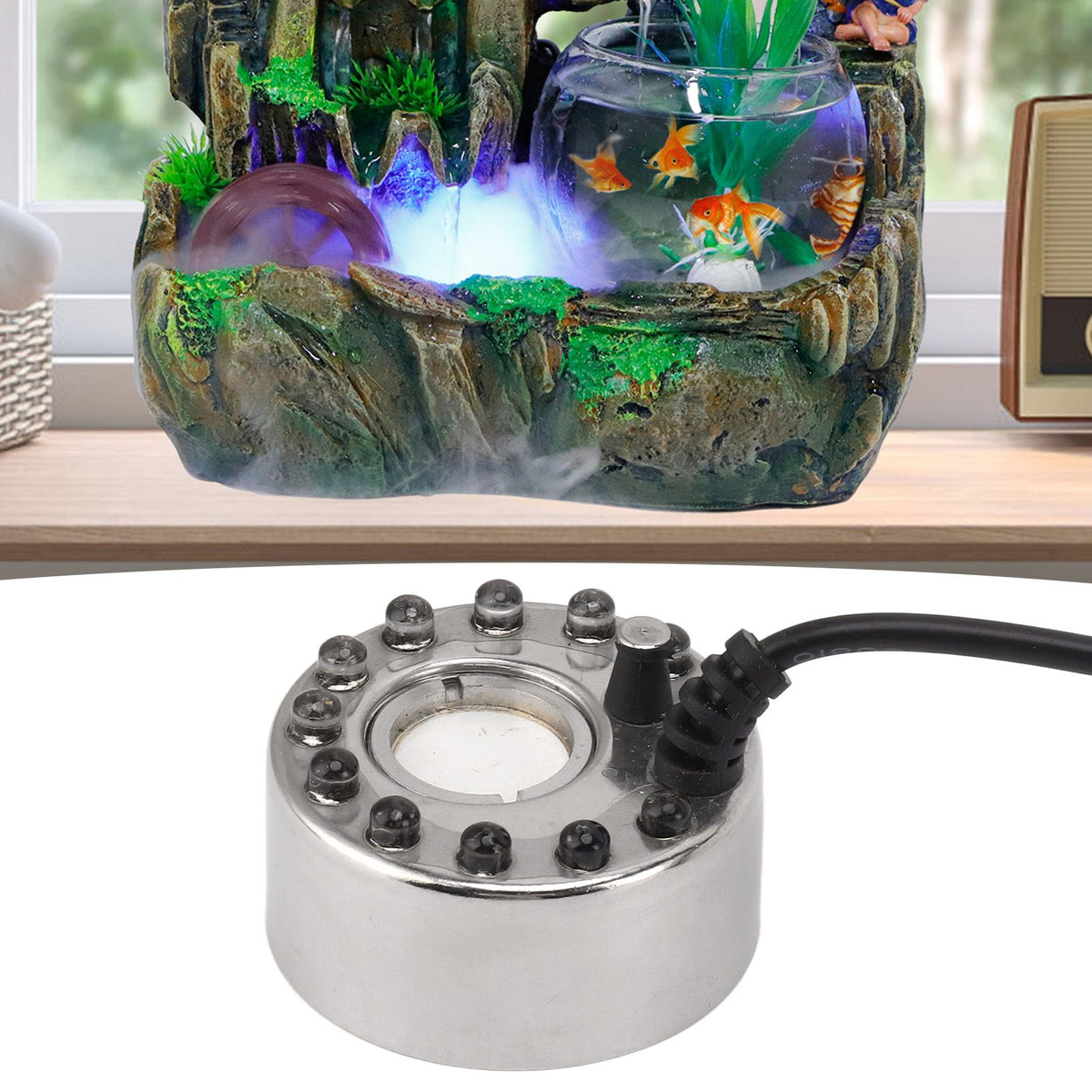 Color 12 LED Mist Maker Fogger Water Fountain Pond Fog Atomizer Humidifier with DC 5V Interface for Water Fountain Pond Rockery Fishtank