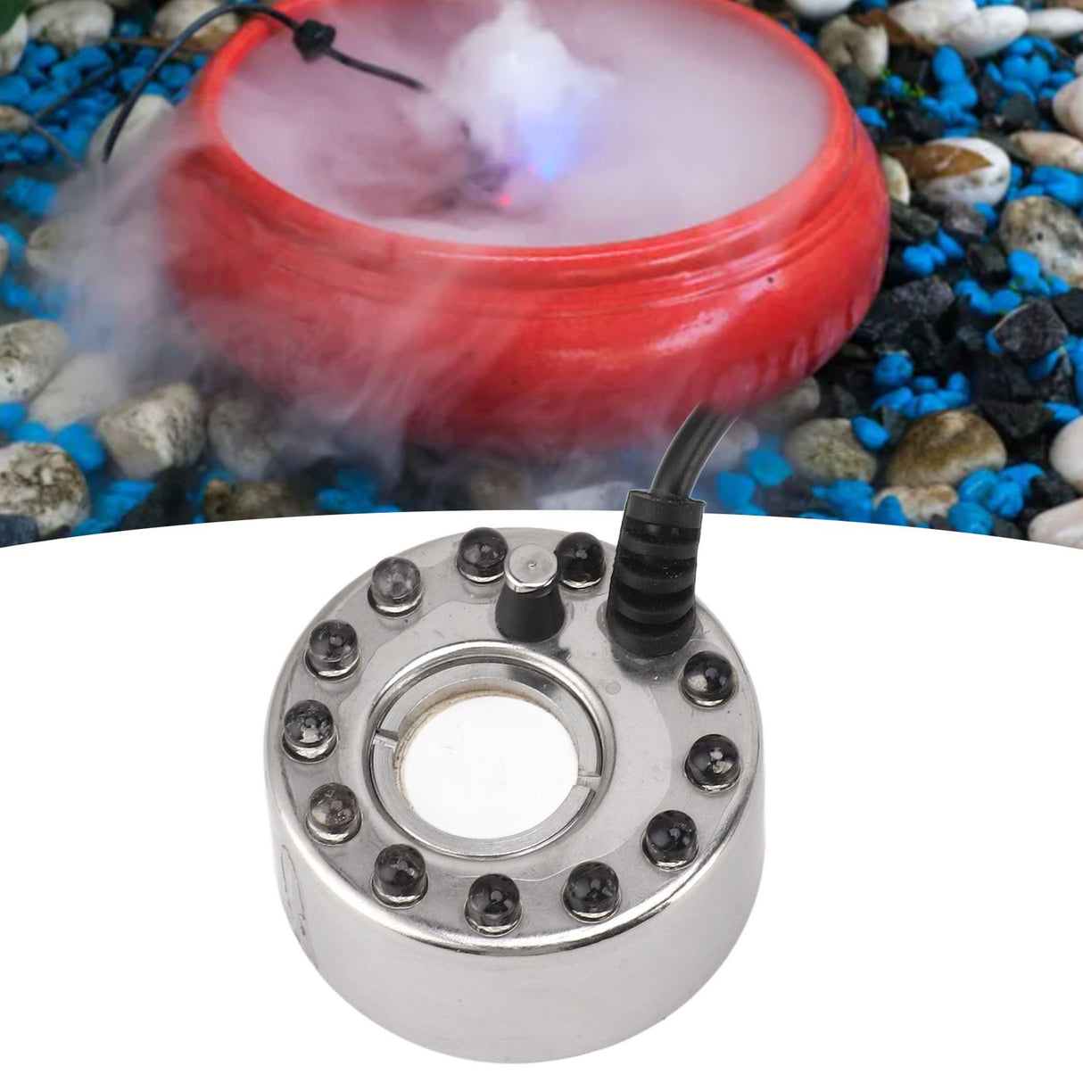 Color 12 LED Mist Maker Fogger Water Fountain Pond Fog Atomizer Humidifier with DC 5V Interface for Water Fountain Pond Rockery Fishtank