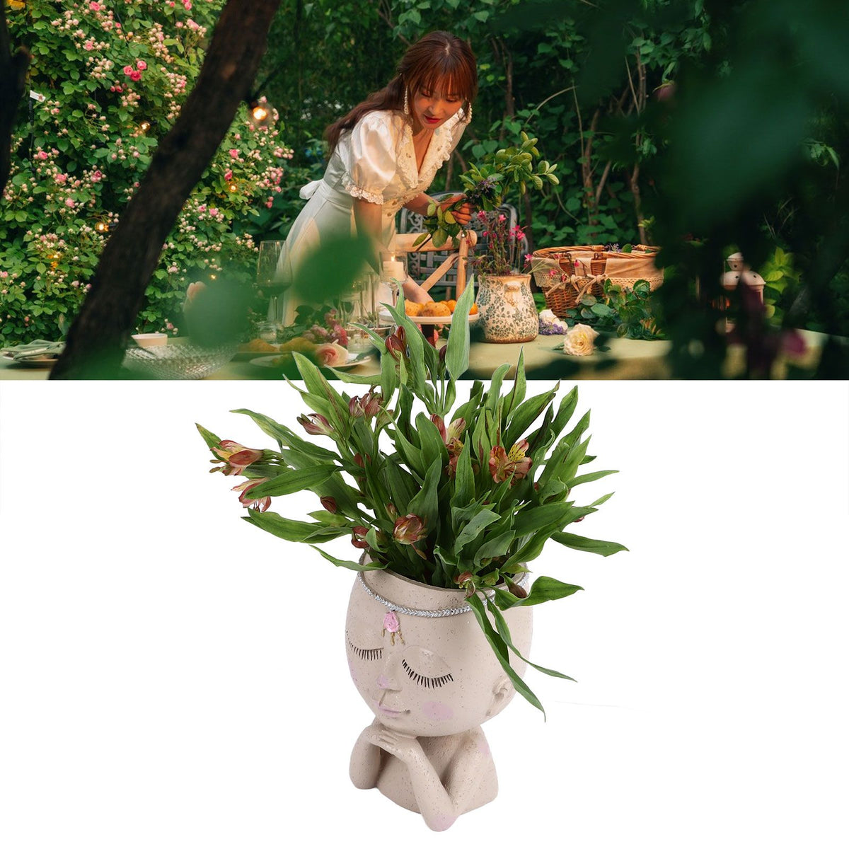 Face Flower Pot Head Planter Pot Succulent Planter Cute Resin Cactus Planter with Closed Eyes Indoor Outdoor Use