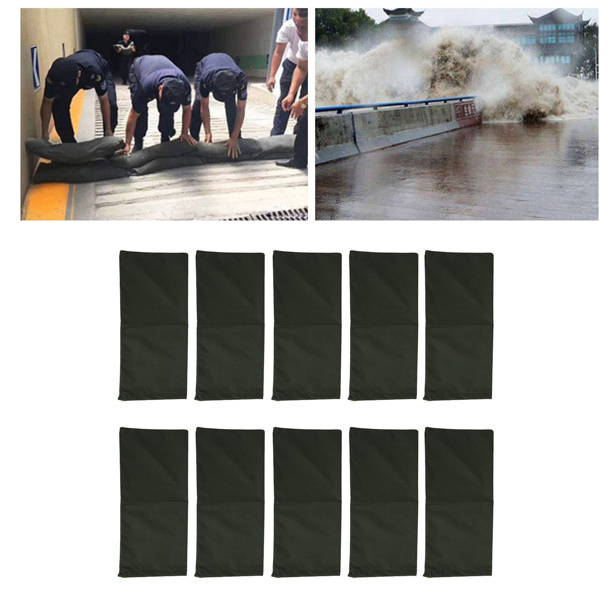 10pcs Flood Sandbags Empty Thickened 600D Polyester Bendable Drawstring Flood Control Bags for Door Garage Basement Dark Green