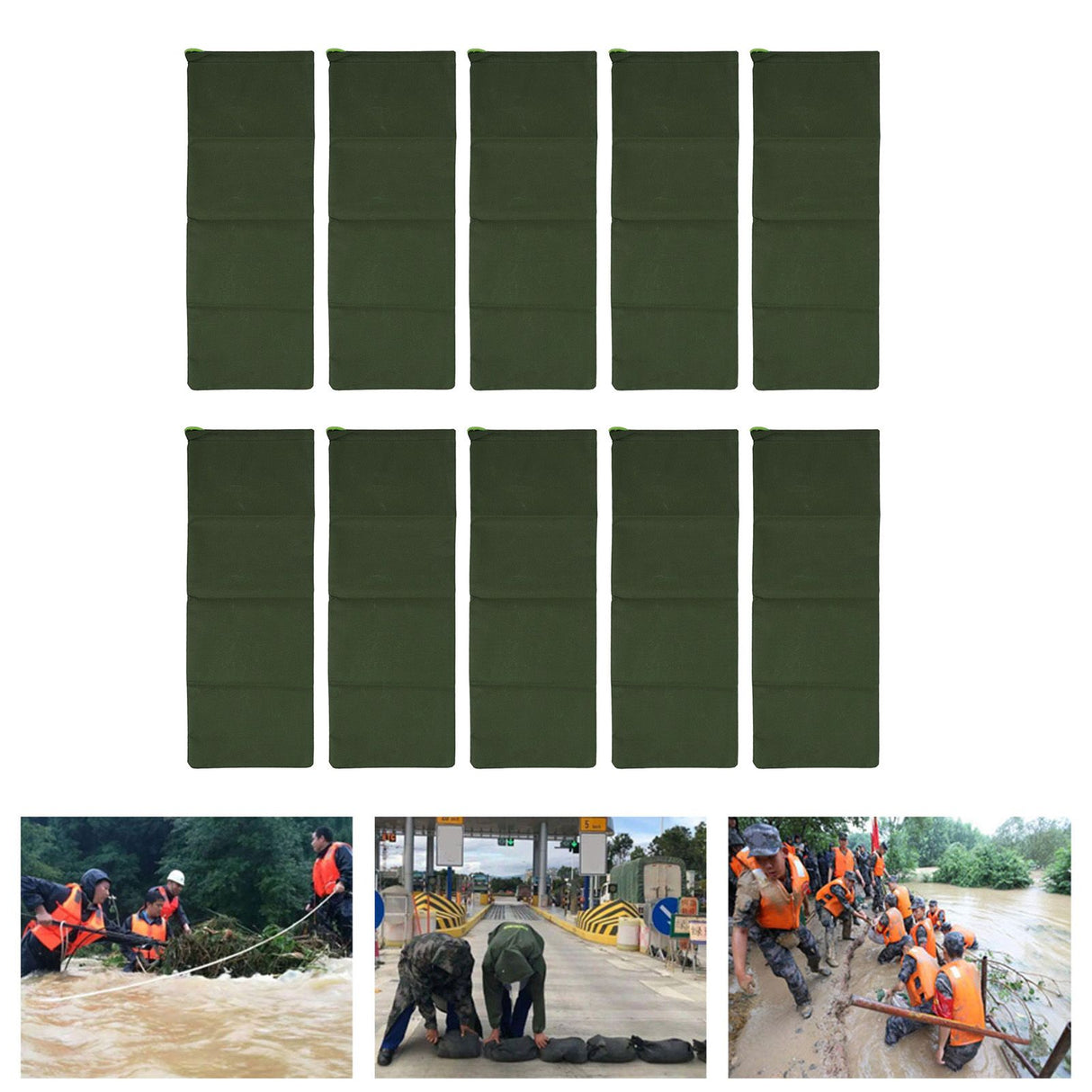 10pcs Flood Sandbags 600D Polyester Flood Prevention Bag Reusable Flood Barrier Bag for House Door Window Garage Basement Dark Green