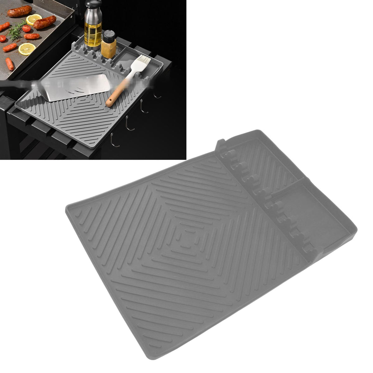 Grill Tools Mat Silicone 8 Slots 16x11.5in Anti Slip Heat Resistant Easy to Clean Griddle Accessories for Kitchen Cooking Grey