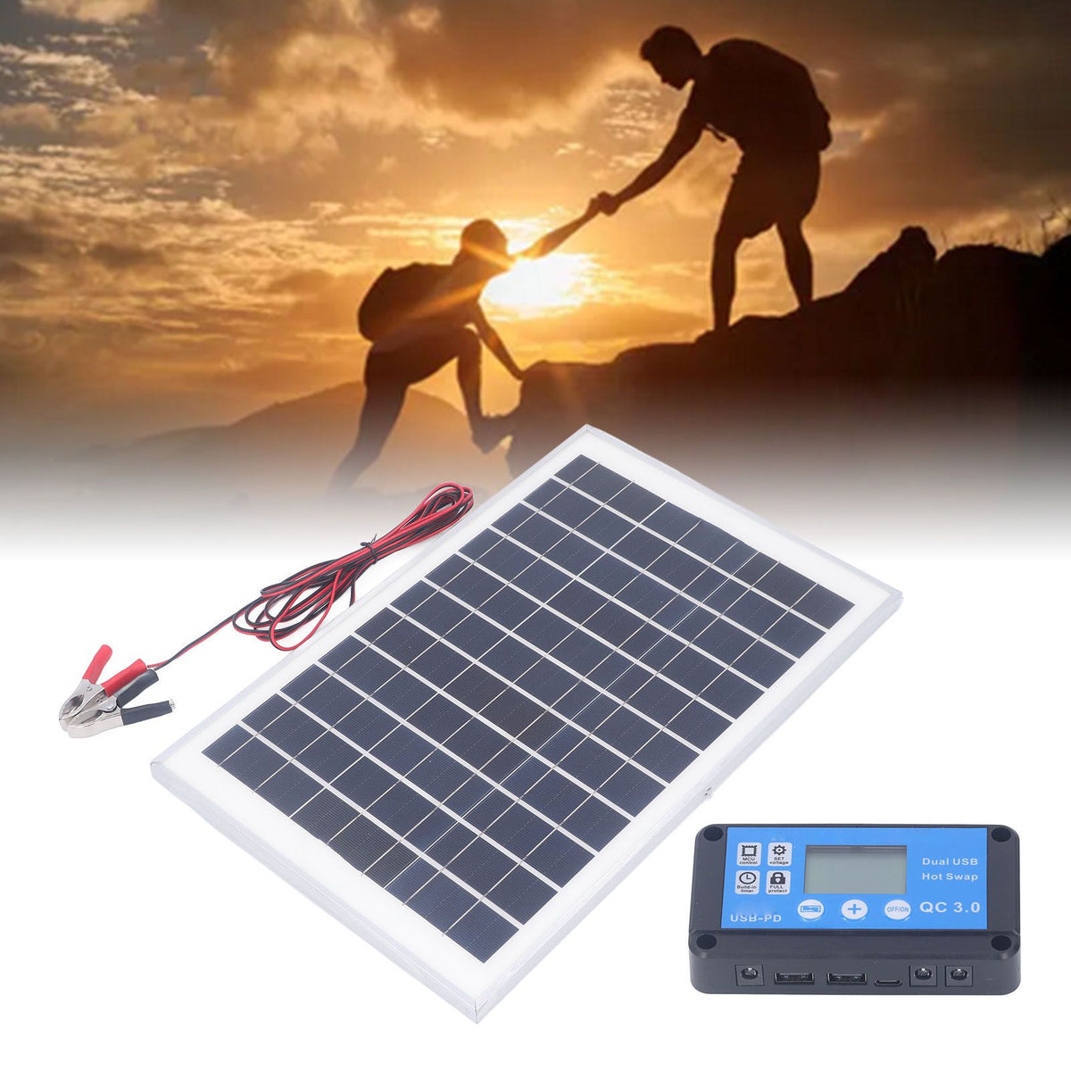 Solar Panel Kit 50W 18V with MPPT Waterproof Charge Controller 3meter Battery Clamp for Outdoor RV Boat Trailer Camper
