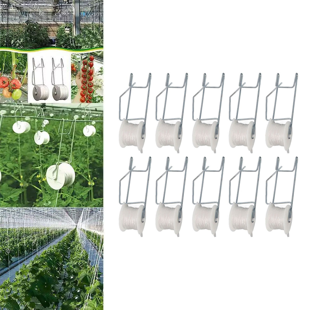 10pcs Tomato Roller Hooks Galvanized Steel Wire PP Heat Resistant Space Saving 15m Twine Vine Crop Trellis Roller Hooks for Cucumber Loofah Grapes