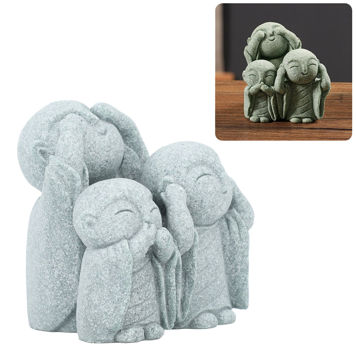Mini Monk Buddha Statue Chinese Green Sandstone Cute Buddha Figurine 3 Little Monks Ornament for Fish Tank Aquarium Home Garden Decoration Style 3