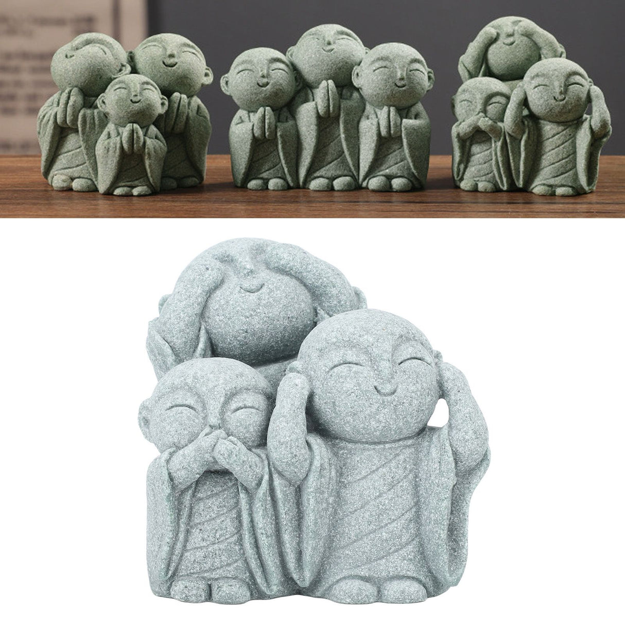 Mini Monk Buddha Statue Chinese Green Sandstone Cute Buddha Figurine 3 Little Monks Ornament for Fish Tank Aquarium Home Garden Decoration Style 3