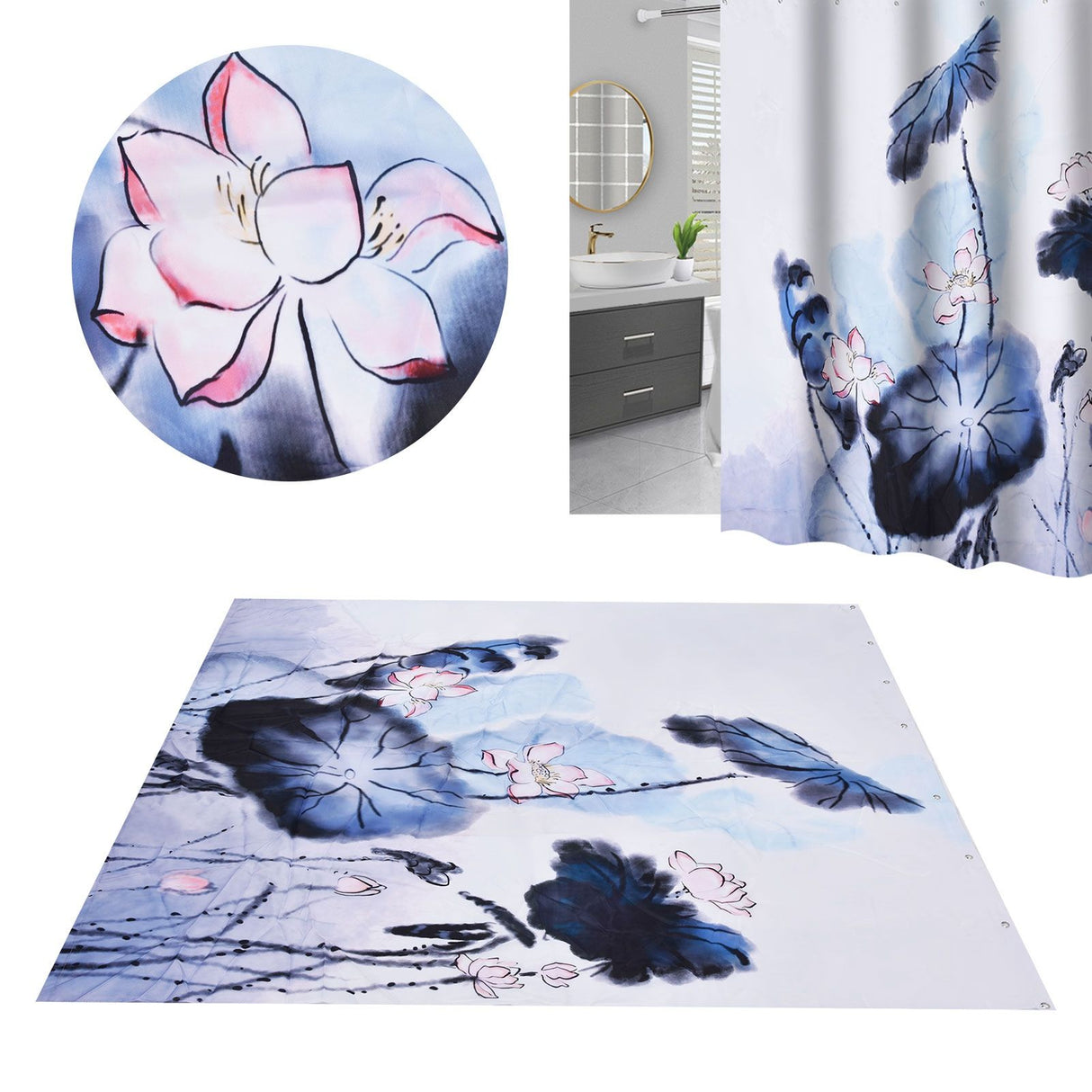 Blackout Curtain Waterproof Flower Printing Shower Curtain with Hooks for Bathroom Bedroom Living Room Study180x200cm