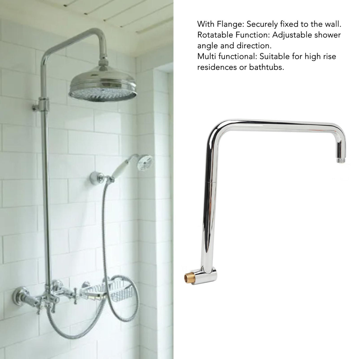 Shower Head Extension with Flange S Shape Shower Arm Wall Mount Rotatable Stainless Steel Shower Pipe for Bathroom Electroplate