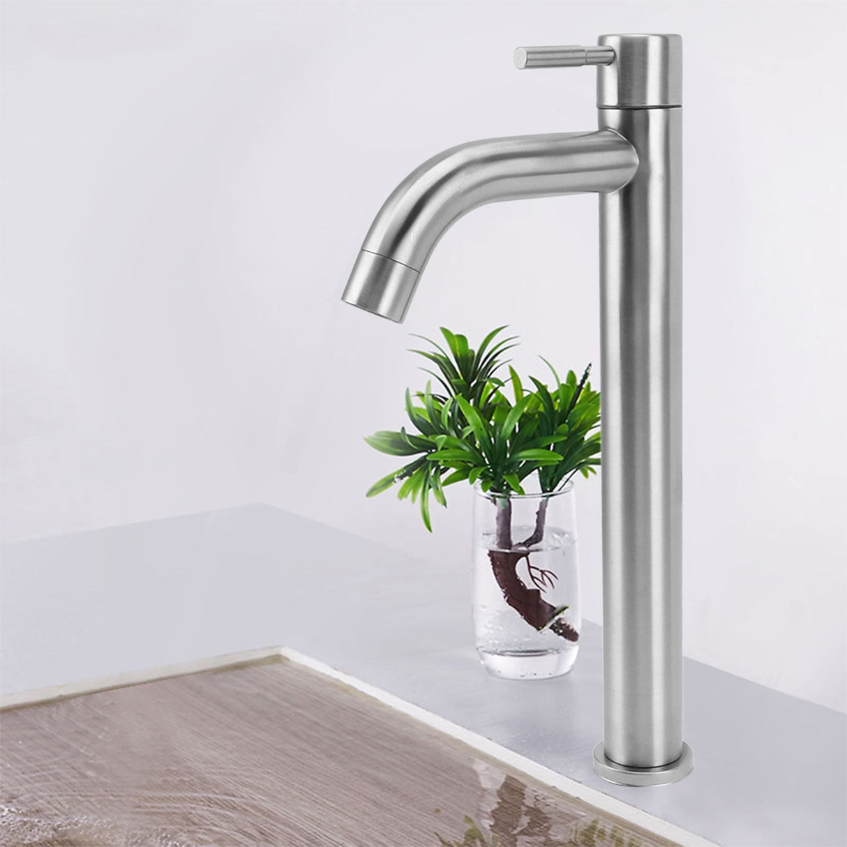 Single Cold Water Kitchen Faucet Stainless Steel Single Hole Bathroom Faucet for Home Apartment Tall Bent