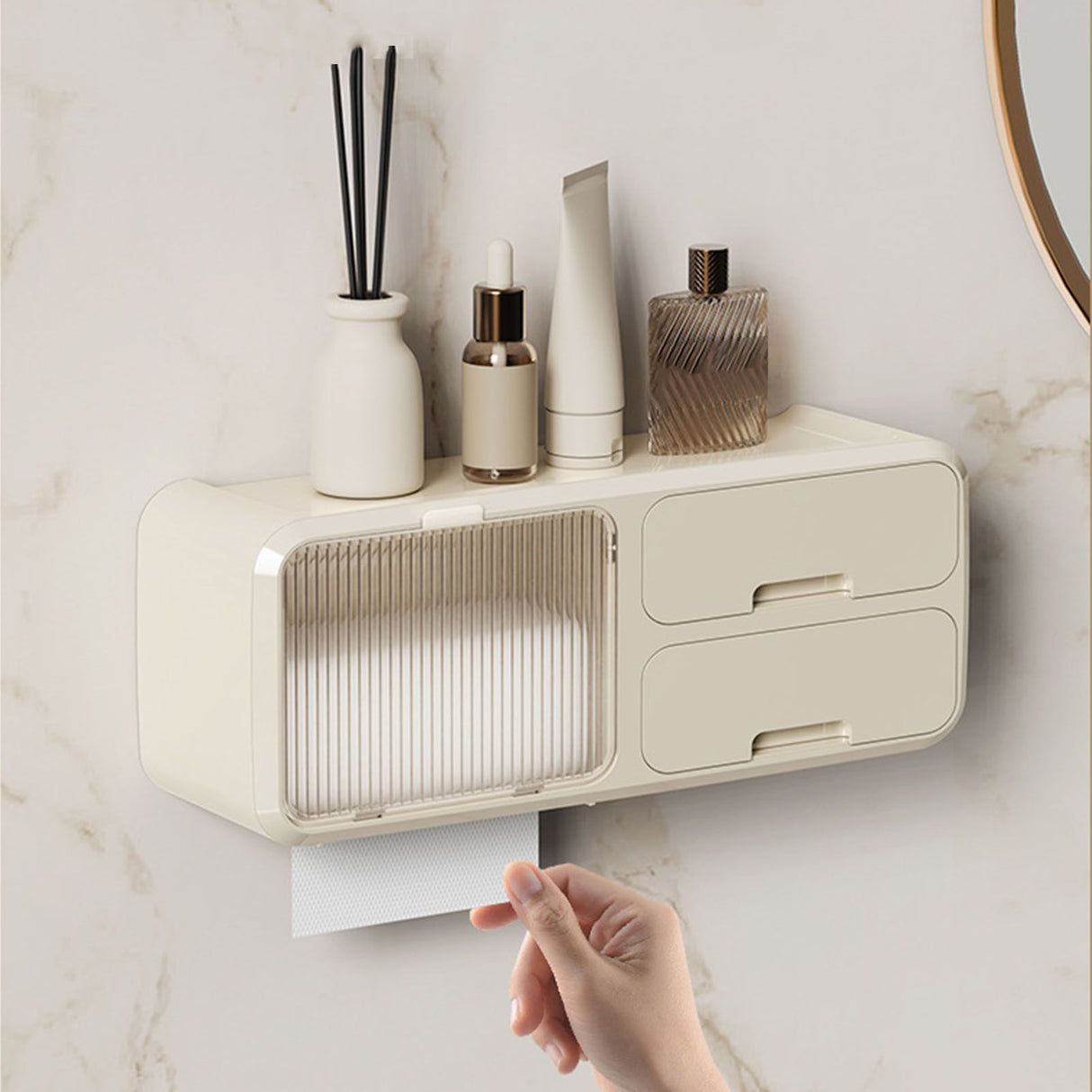 Drill Free Bathroom Tissue Storage Box Waterproof Bathroom Toilet Paper Holder Wall Mounted Toilet Paper Organizer Beige