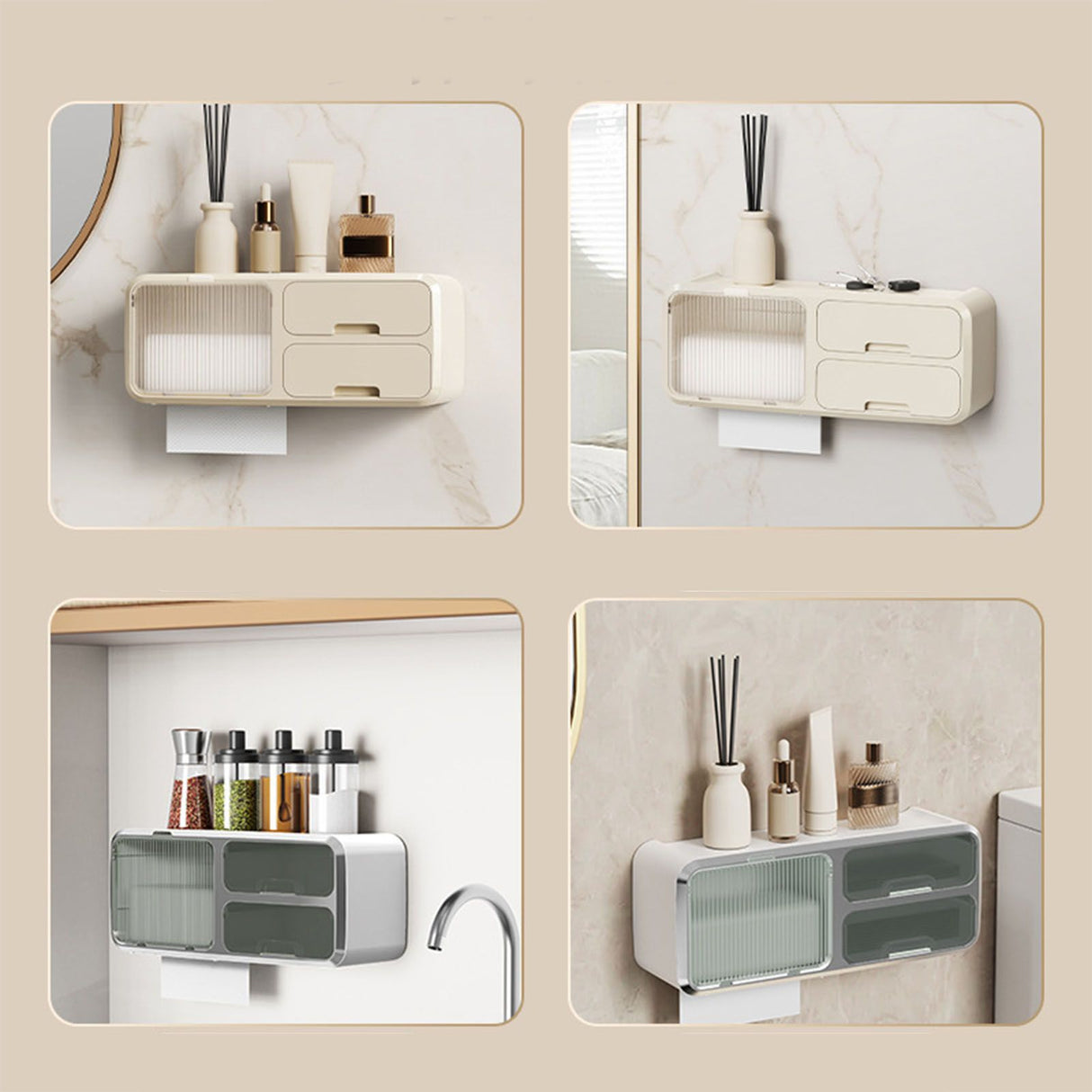 Drill Free Bathroom Tissue Storage Box Waterproof Bathroom Toilet Paper Holder Wall Mounted Toilet Paper Organizer Beige