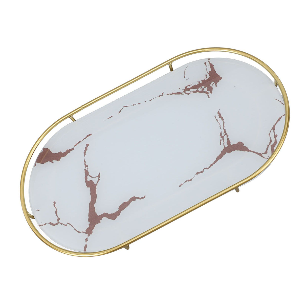 Bathroom Storage Tray Light Luxury Decorative Golden Texture Oval Bathroom Organiser Tray for Soap Towel Paper Napkins Jewellery Makeup White Base