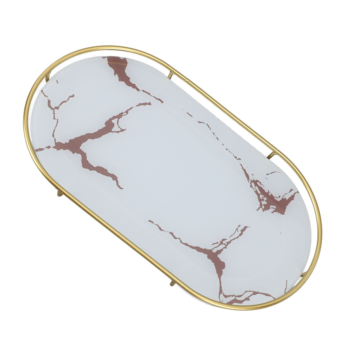 Bathroom Storage Tray Light Luxury Decorative Golden Texture Oval Bathroom Organiser Tray for Soap Towel Paper Napkins Jewellery Makeup White Base